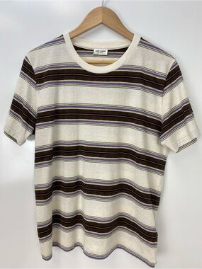 Saint Laurent Cream Tee with Brown and Purple Stripes